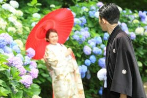 金沢市内の卯辰山花菖蒲園での和装前撮り写真