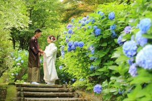 紫陽花の中で手を取り合うご新郎新婦様