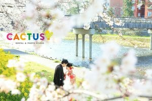 金沢市の観光名所東茶屋街で桜を背景に前撮りをする新郎新婦様